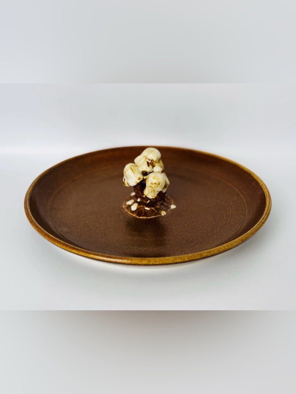 Vintage Pottery Plate With 3D Mushrooms In The Centre, Brown Cream 24cm